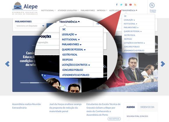 Reformulado, site da Alepe inseriu Portal da Transparência. Imagem: reprodução do site. 