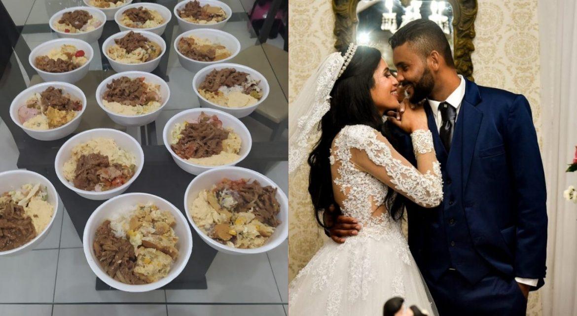 Noivos doam marmitas do casamento para pessoas carentes