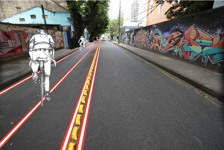 Simulação da ciclofaixa prevista para a Rua Oliveira Lima  de Ronaldo Câmara sobre foto de Guga Matos/JC Imagem