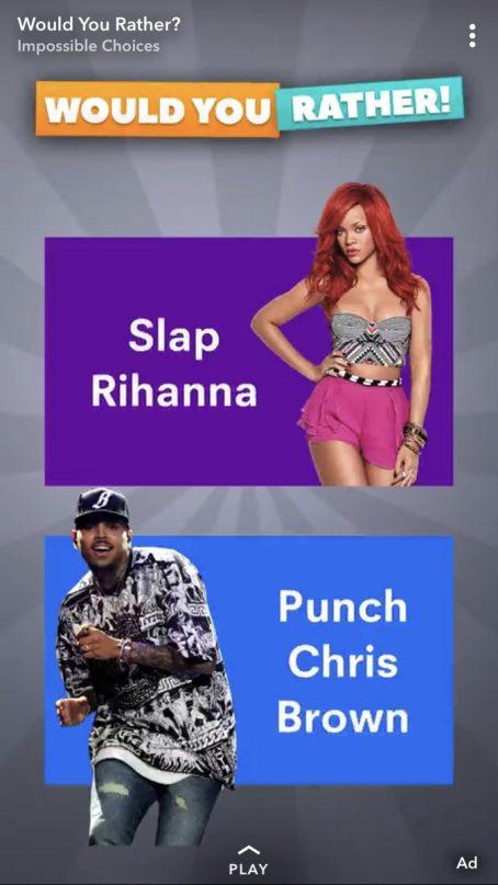 "Brincadeira" do Snapchat pergunta ao usuário se ele prefere "dar um tapa" em Rihanna ou "socar Chris Brown".