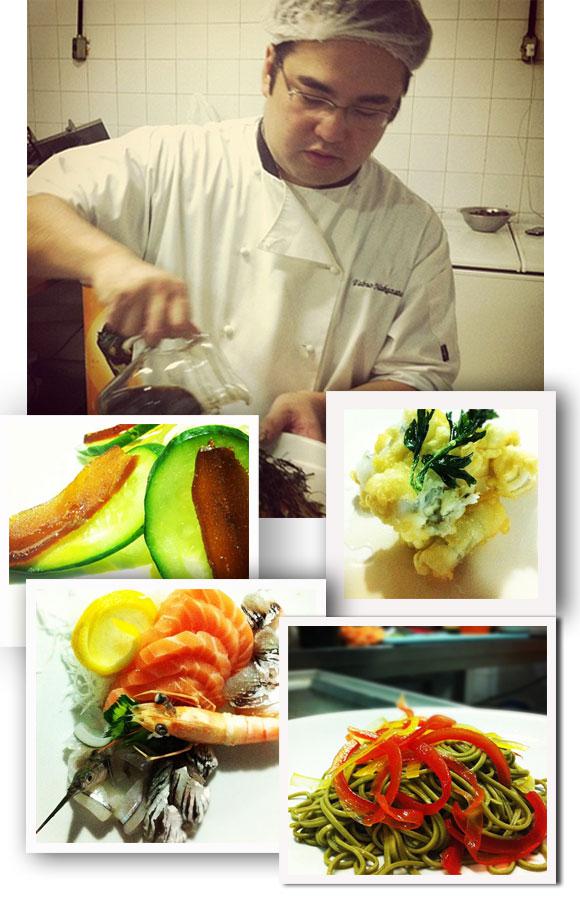 ORIENTAL | Fábio Nakazato apresentou os pratos aos convidados. Detalhe para os pepinos com botarga, o tempurá de agulhinha, os sashimis de peixes nativos e a "chassoba", massa com chá verde. As fotos foram do Instagram