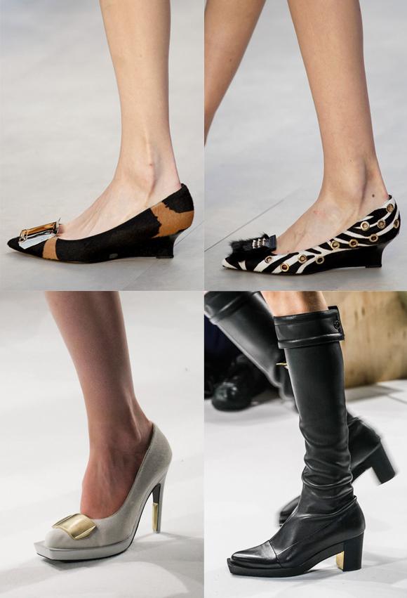 PISANTES GRINGOS Burberry aposta na elegância. Abaixo: Calvin Klein com seus saltos mais quadrados para as botas e levemente finos para os scarpins.
