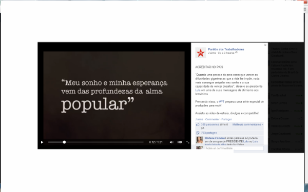 Presidente Lula aparece em vídeo na página do Partido dos Trabalhadores no Facebook