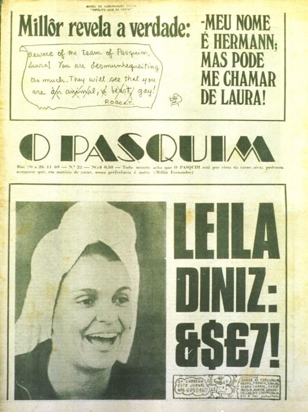 Capa d'O Pasquim com Leila Diniz - os símbolos no titulo aludem aos palavrões que falou na entrevista; ao que não podia ser publicado