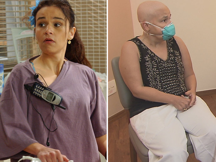 Cláudia em cena de "A diatista", no auge da sua carreira, e durante a entrevista após transplante